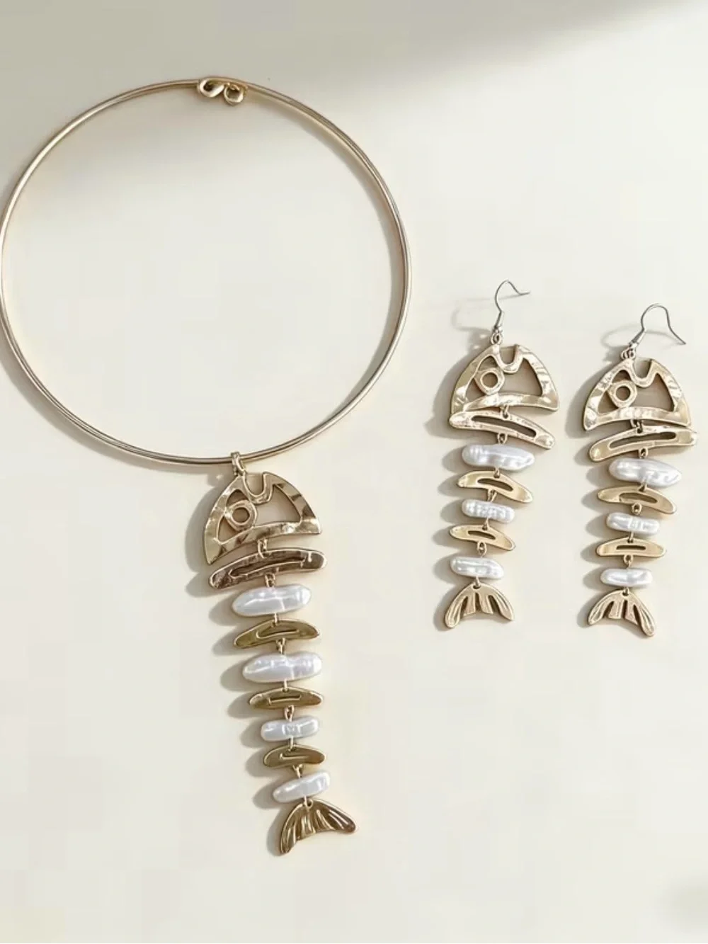 Gold & Pearl Statement Fishbone Necklace Set